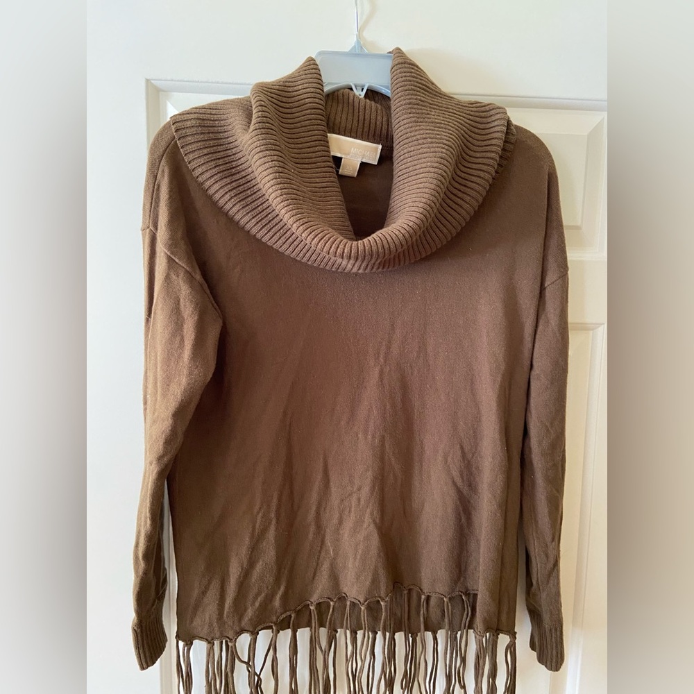 Brown cowl neck Michael Kors sweater with fringe. Brown.